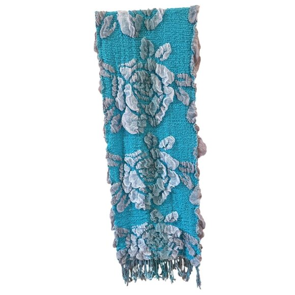 Handmade Suantraí Of Ireland Blue 3D Textured Floral Fringe Scarf 13" x 80" - Picture 3 of 5